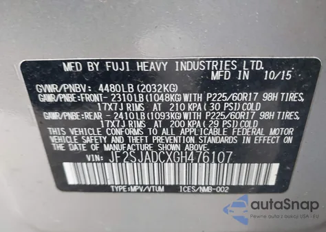 2016 Subaru Forester 2.5I Premium из США, поврежденный, VIN JF2SJADCXGH476107